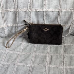 Coach Dark Brown Signature Wristlet with Gold Accents
